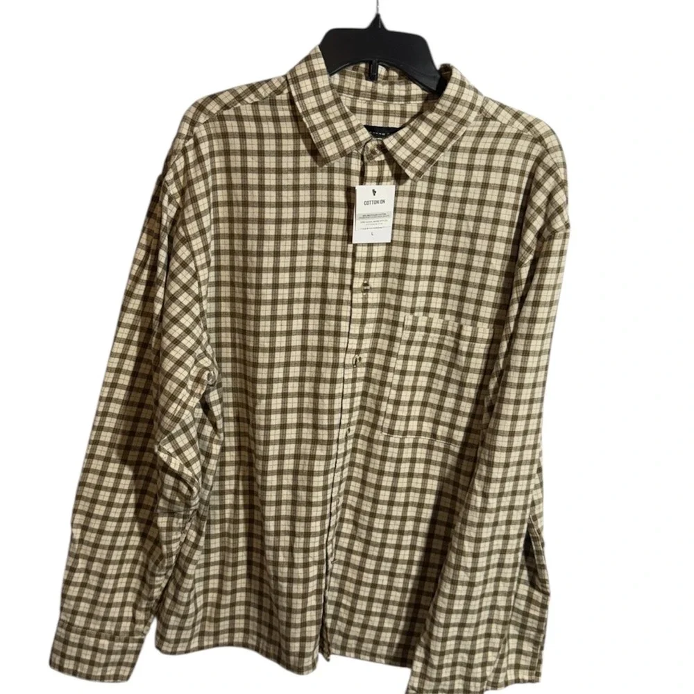 Cotton on Men's Tribeca Oversized Long Sleeve Shirt Stone Mini Check L - Picture 4 of 16